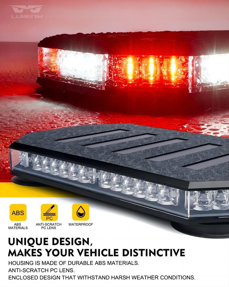 LUMENIX 42 LED Roof Top Strobe Beacon Light Bar Hazard Warning Emergency Flashing Firefighter Lights with Controller for First Responder Vehicles Fire Trucks Snowplow White Red (Patent Design) - Image 2